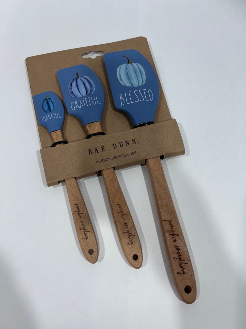NEW RAE DUNN "Blue Pumpkin" Spatulas Fall/Autumn Trio Set -Engraved Wood Handles